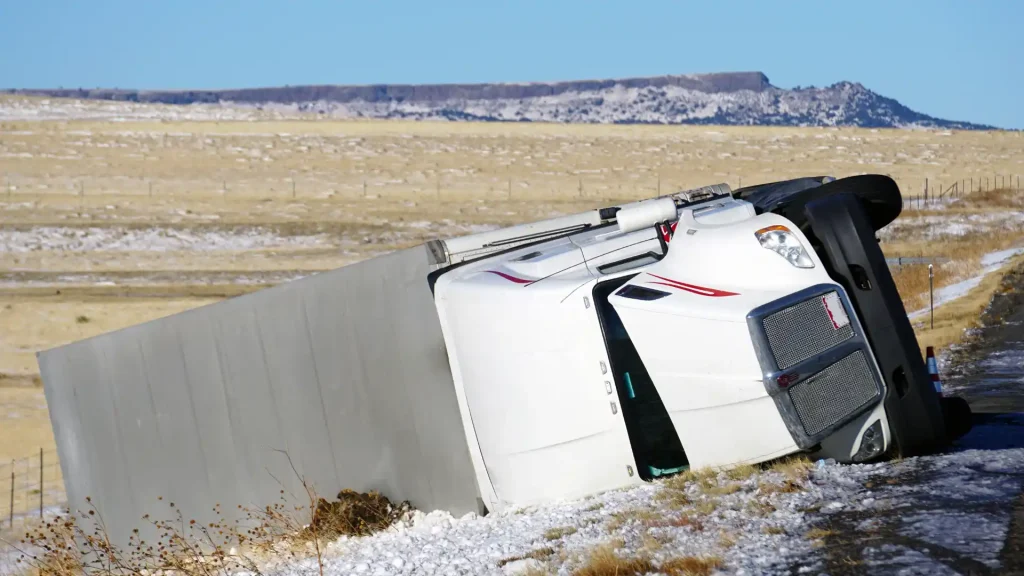 Overturned truck on the side of a snowy road